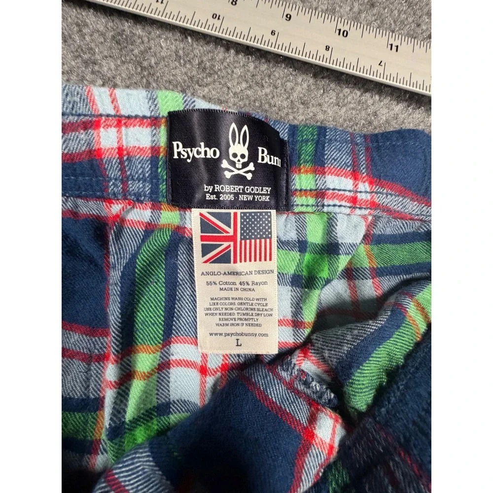 Psycho Bunny Mens Large Plaid Pajama Pants Navy Blue Green Cotton Rayon 0616